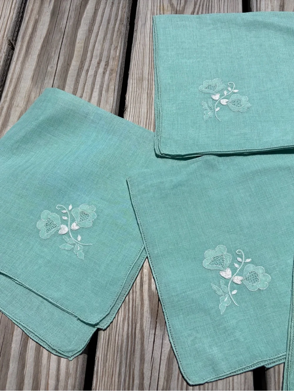 4‎ Embroidered Linen Napkins Green Edge Floral Farm Country Vtg Handkerchief